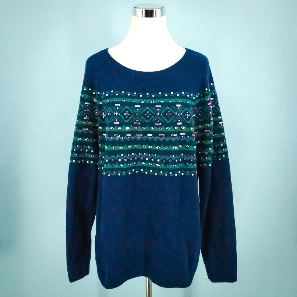 Talbots Size XL Blue Embellished Jewel Fair Isle Crew Lambswool Wool Sweater